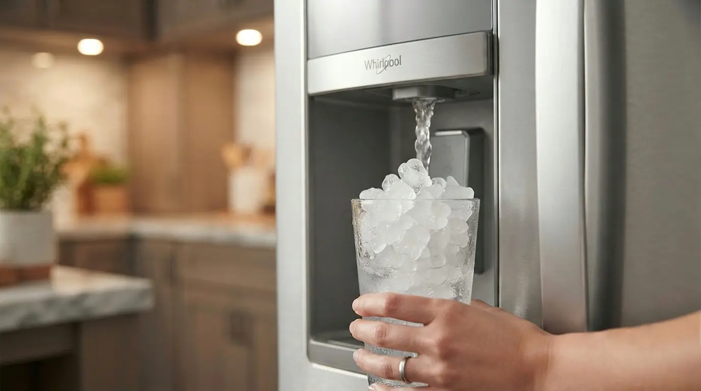 Glass filling with nugget ice from a new Whirlpool refrigerator door dispenser