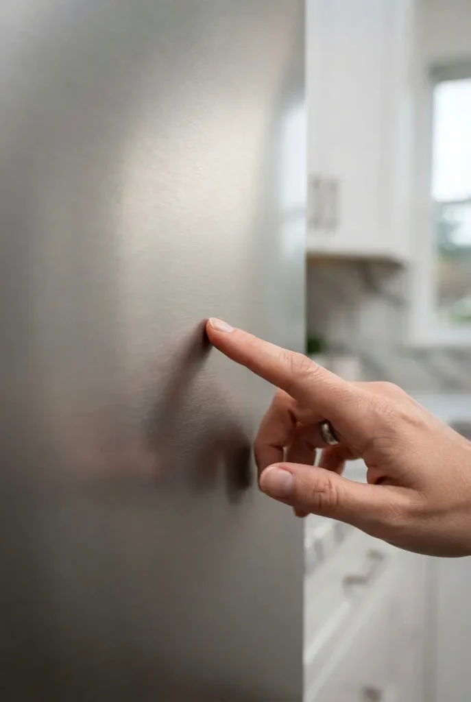 Close-up of fingerprint-resistant matte stainless steel finish on Whirlpool refrigerator door