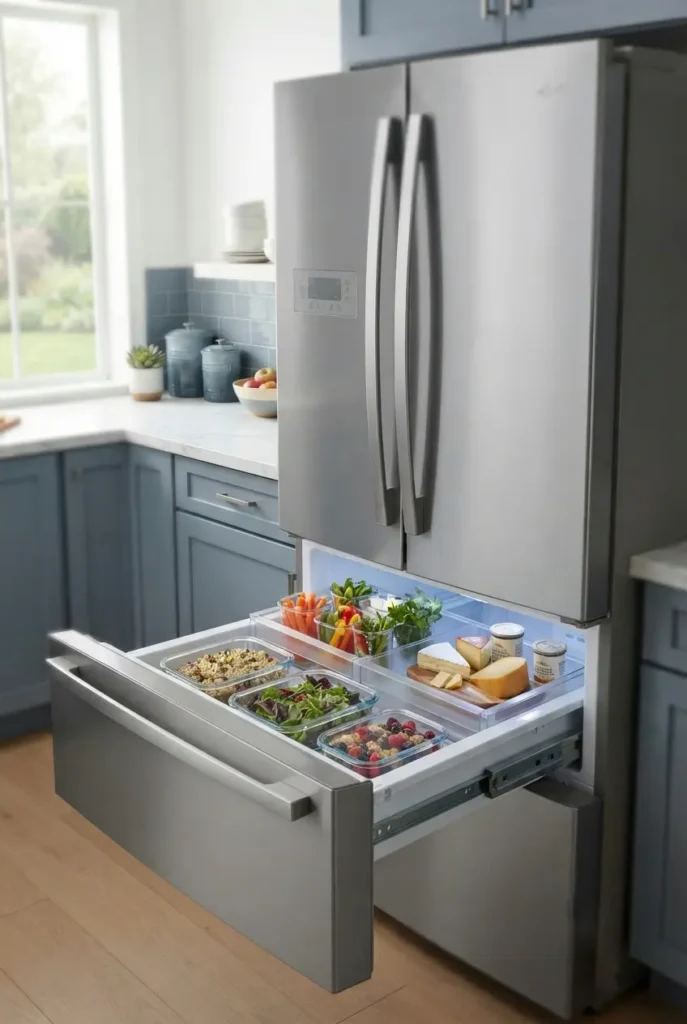 Whirlpool French door refrigerator with exterior-accessible storage drawer open