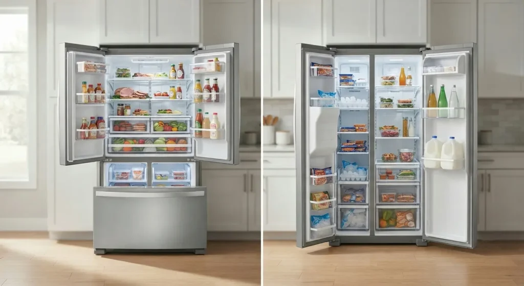 Whirlpool French door refrigerator compared to side-by-side layou