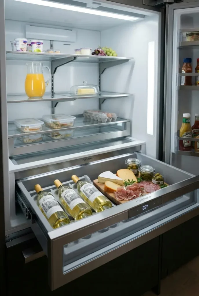 Interior of Whirlpool refrigerator showing Flexible Temperature Drawer and adjustable shelving