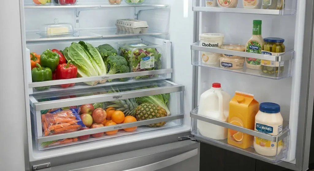 Usable capacity inside a Whirlpool refrigerator stocked for a large family. Whirlpool refrigerator for large families guide