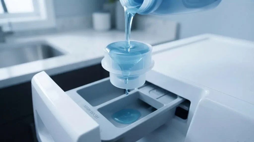 Overfilled detergent cap causing residue buildup in a Whirlpool HE washer