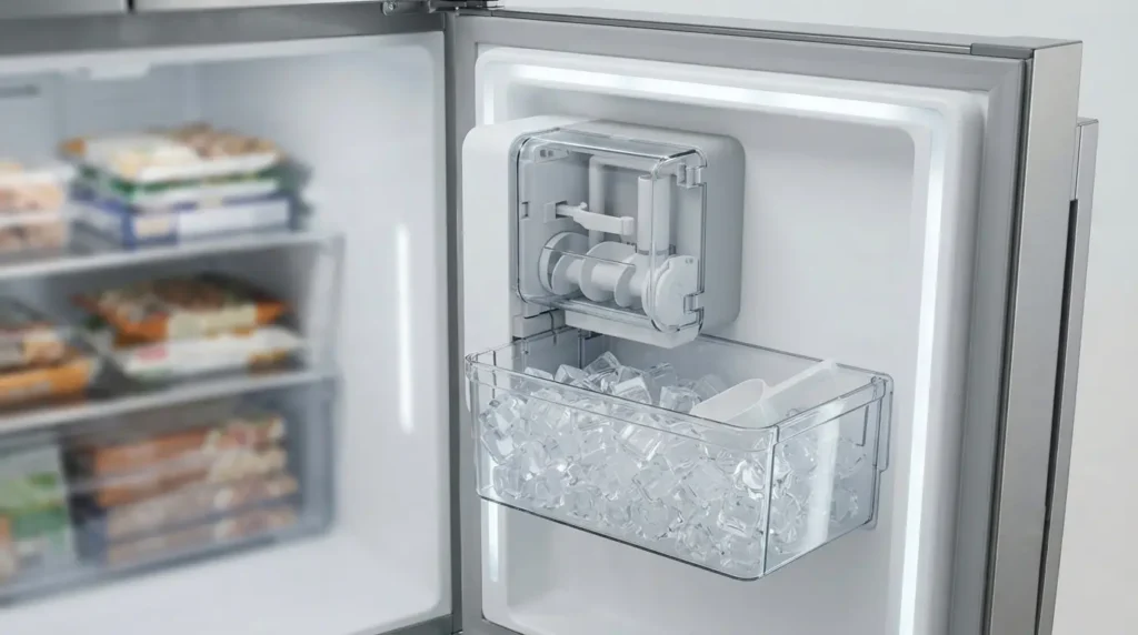In-door ice maker unit mounted inside a refrigerator freezer door with ice cubes visible in collection bin