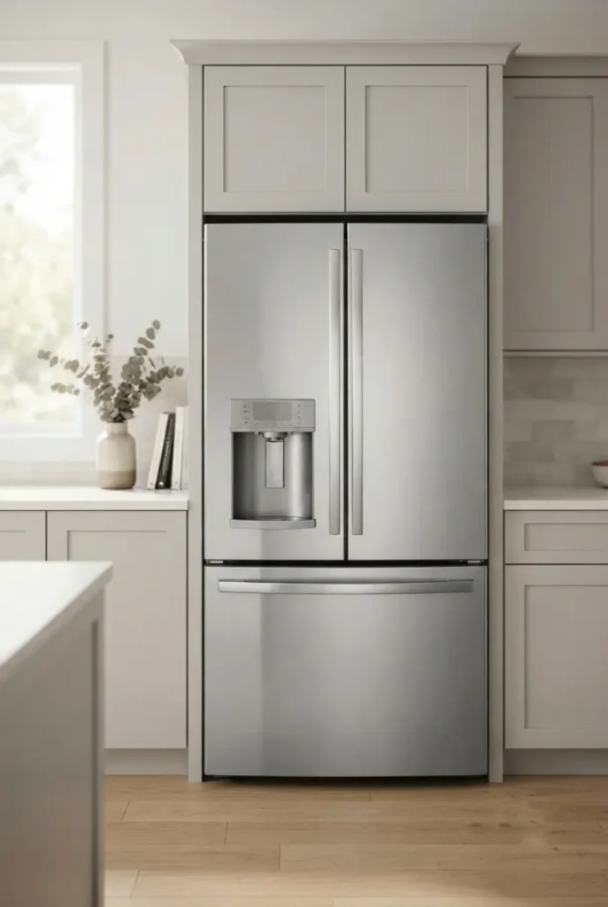 Whirlpool French door refrigerator with built-in nugget ice dispenser in modern kitchen. Whirlpool's Newest Refrigerator Models guide