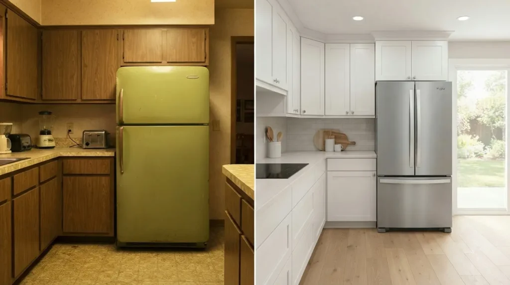 Comparison of an old refrigerator and a new energy-efficient Whirlpool refrigerator