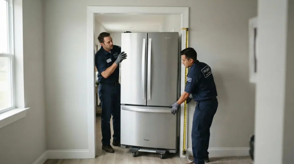 Checking doorway clearance before installing a large Whirlpool refrigerator