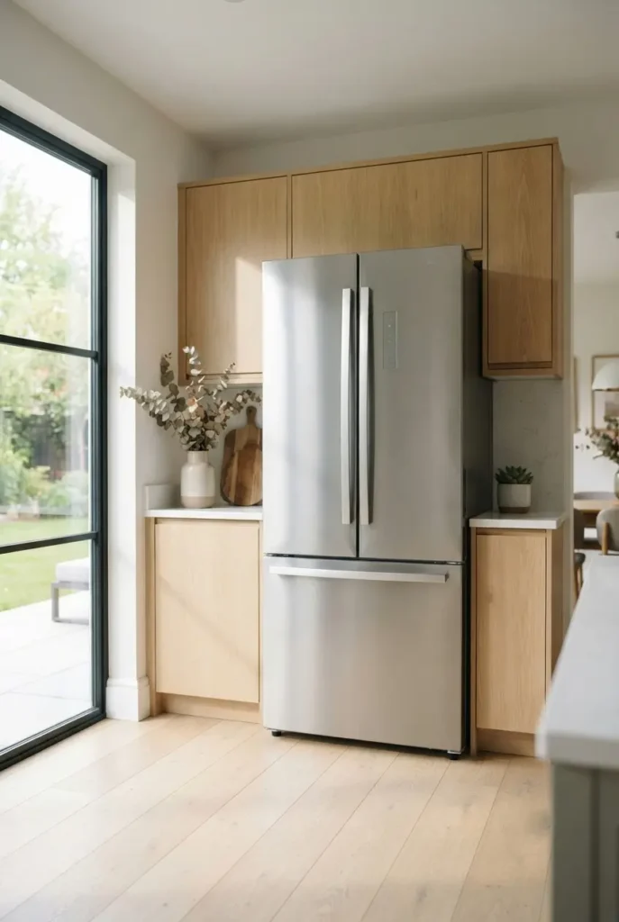 Modern Whirlpool refrigerator in bright kitchen highlighting energy-efficient design