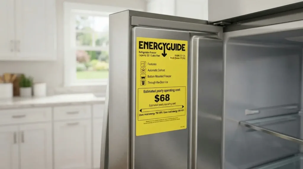 EnergyGuide label on a Whirlpool refrigerator showing energy consumption whirlpool refrigerator energy star saving guide