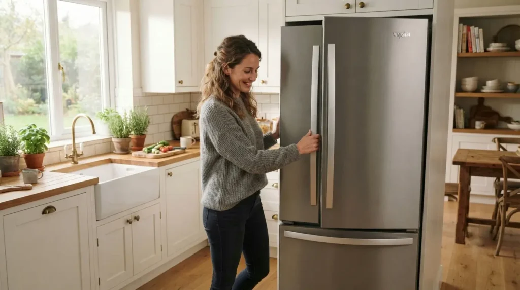Family using a Whirlpool refrigerator in a modern energy-conscious kitchen