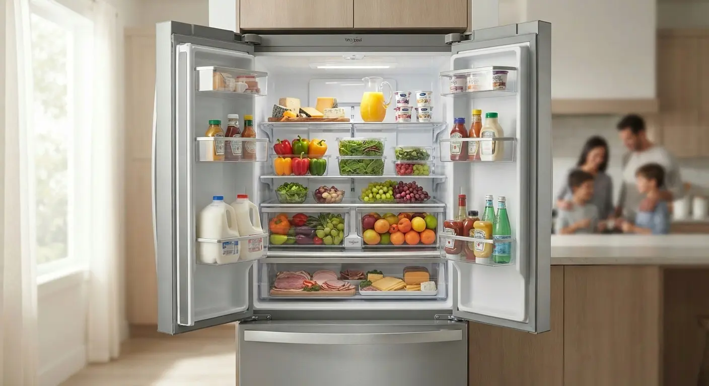 Whirlpool refrigerator for large families fully stocked with groceries