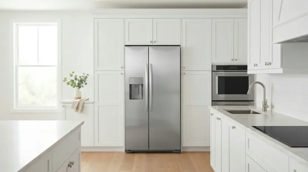 Fingerprint-resistant stainless steel side-by-side refrigerator in a bright white kitchen with quartz countertop