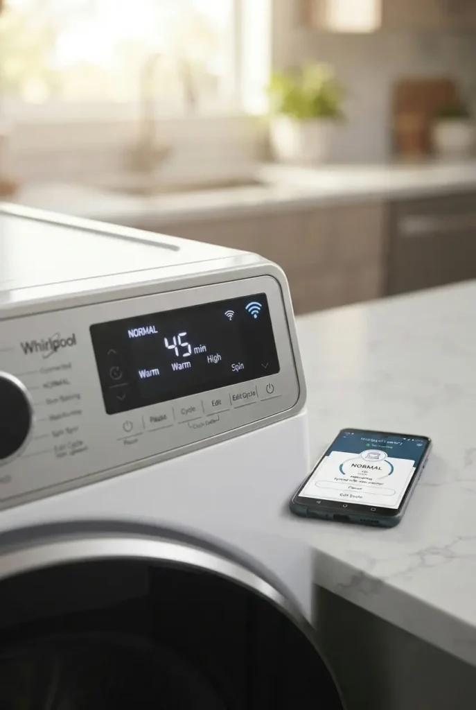 Whirlpool smart washer Wi-Fi control panel with connected smartphone app. Whirlpool Smart vs Regular washer comparison guide