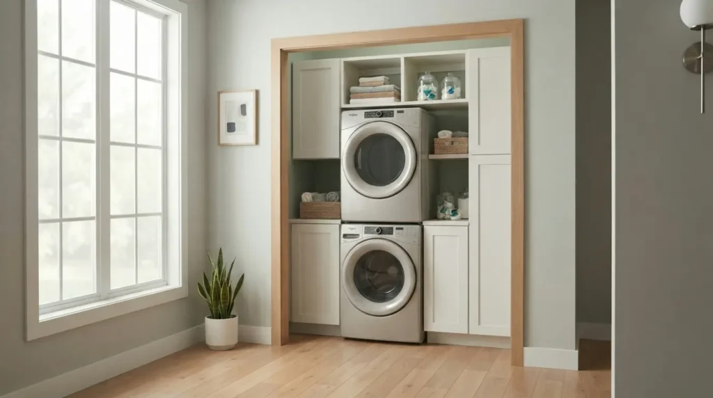 Stacked Whirlpool front-load washer and dryer in a small laundry closet. Whirlpool Top-Load vs Front-Load Washer comparison guide