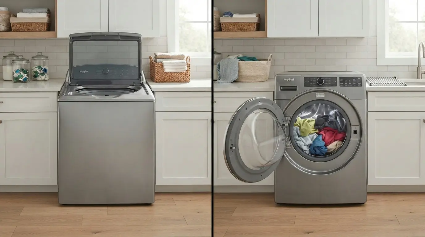 Split comparison of a Whirlpool top-load washer and front-load washer side by side