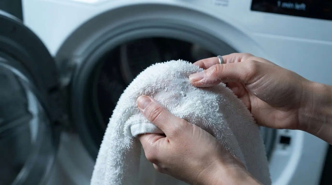 Hands holding a towel with sticky residue after a Whirlpool washer cycle