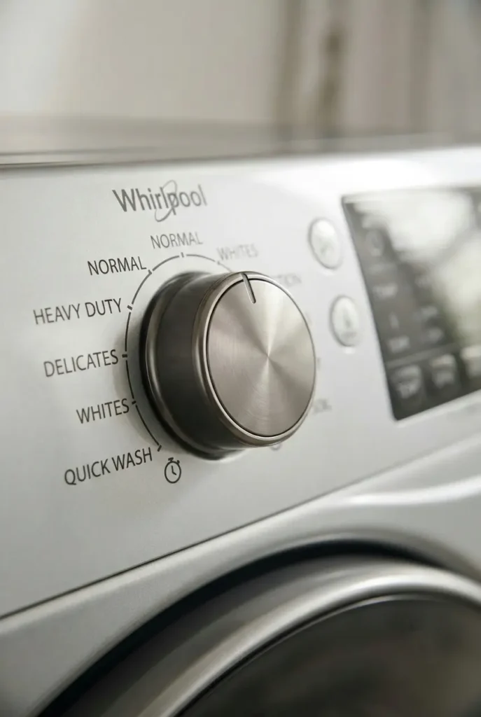Close-up of Whirlpool washer control panel showing cycle selector on Quick Wash setting