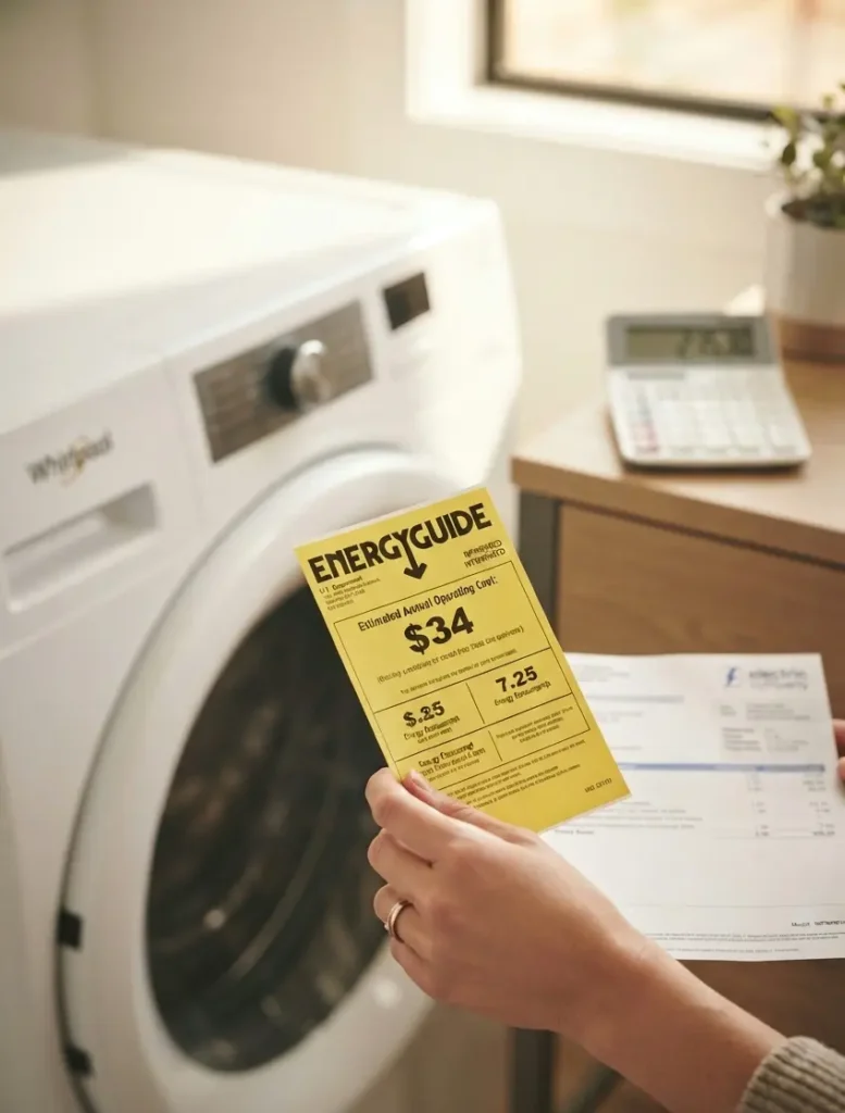 Reviewing energy guide label to compare Whirlpool washer running costs"