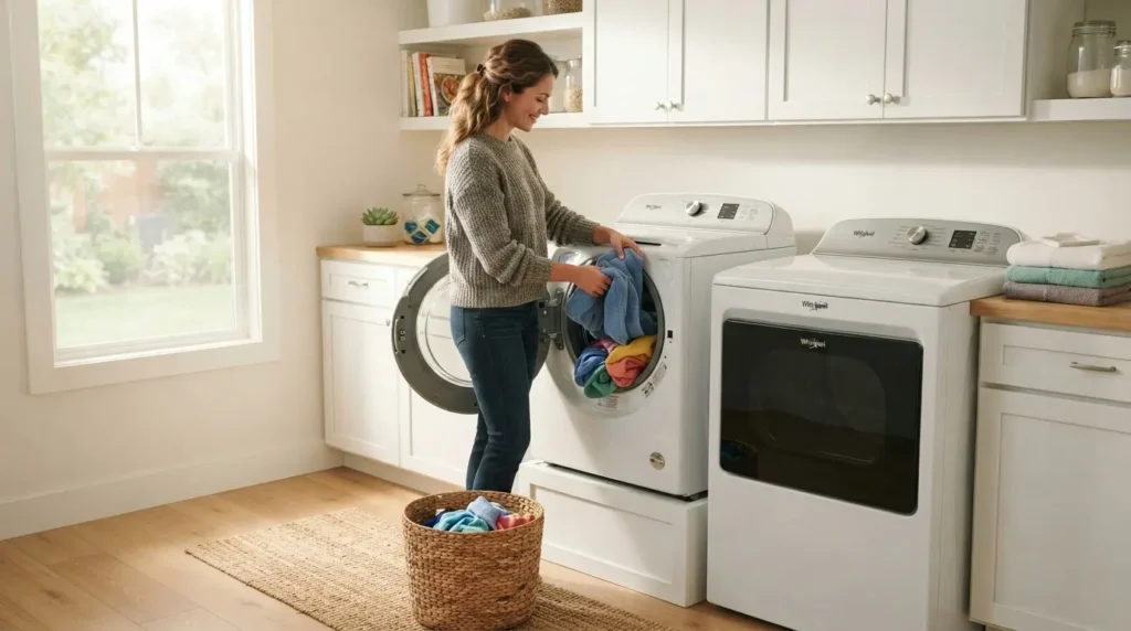 Delicate clothing beside a Whirlpool front-load washer drum showing gentle fabric care