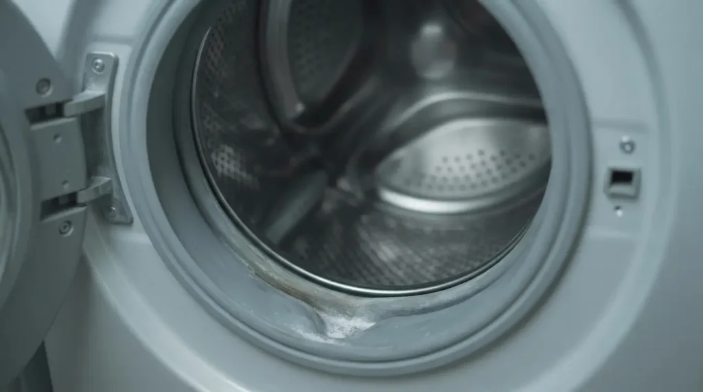 Residue buildup inside a Whirlpool front-load washer door gasket