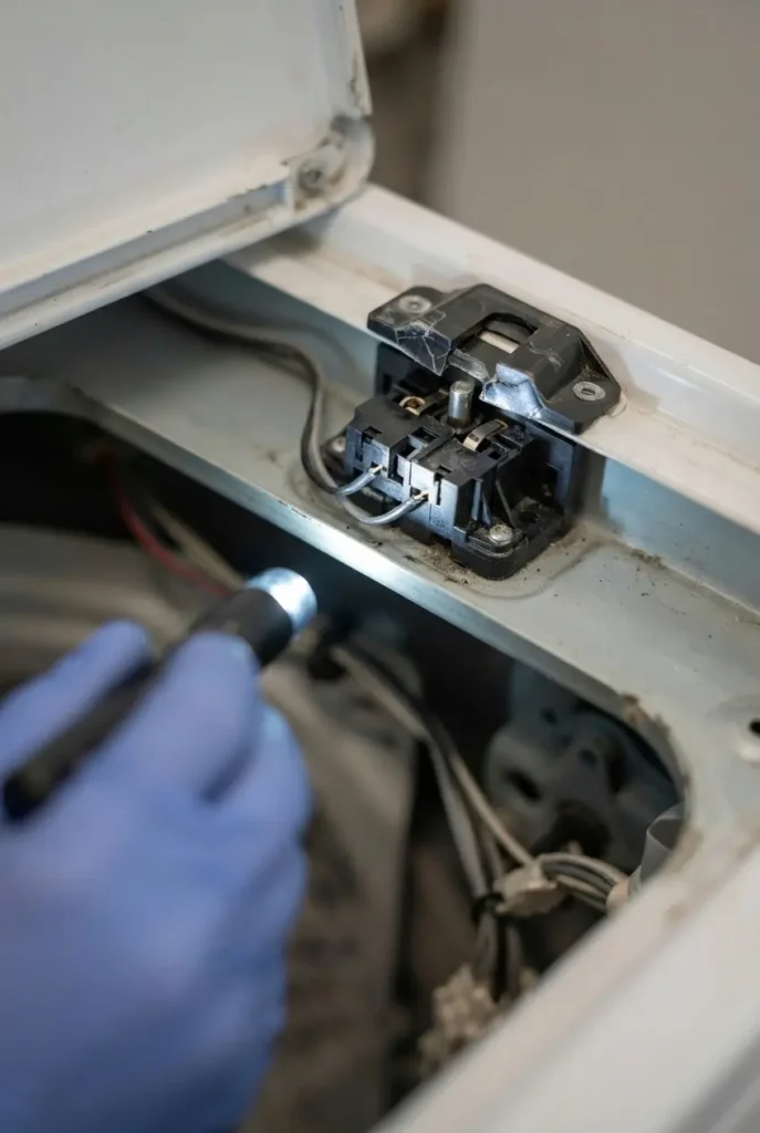 Close-up of Whirlpool washer lid switch and strike mechanism during inspection