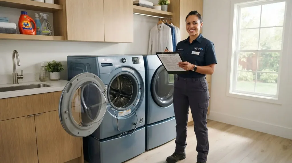 Technician reviewing washing machine diagnostic checklist beside open washer