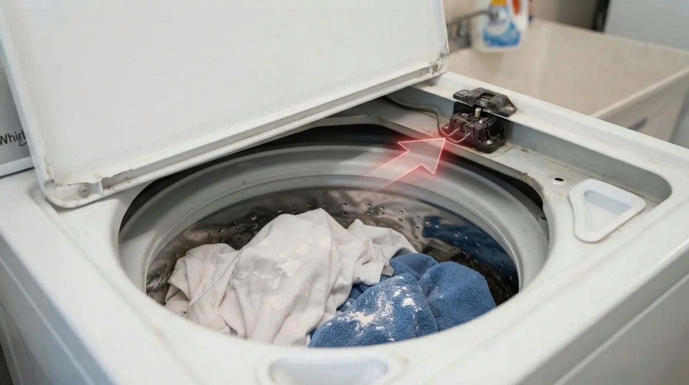 Whirlpool washer lid open showing soap residue on clothes after skipped rinse cycle
