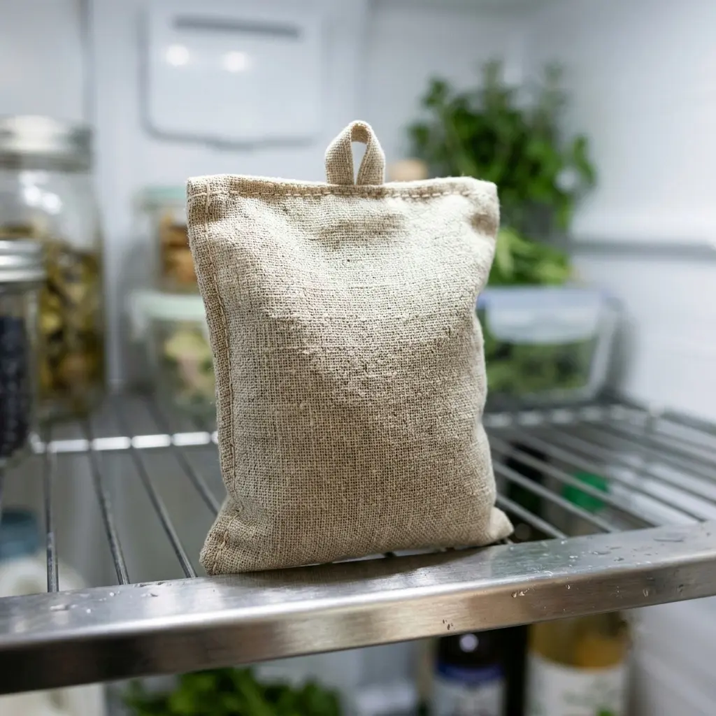 Close-up of an activated charcoal odor absorber bag placed on a refrigerator shelf