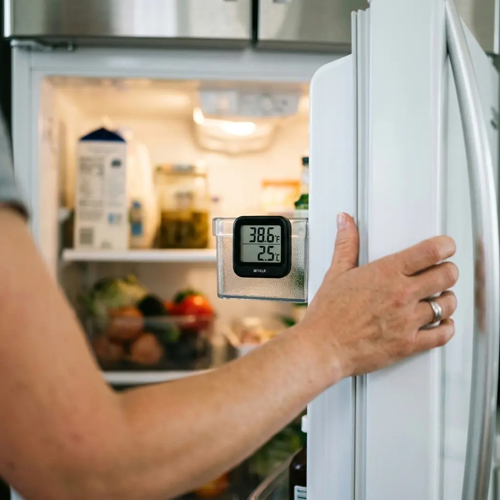 Digital appliance thermometer being checked inside a refrigerator