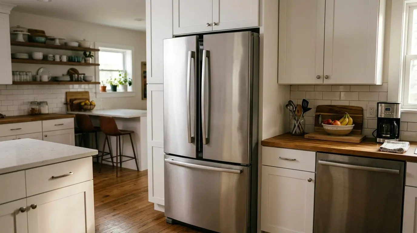 Stainless steel French door refrigerator in a modern kitchen