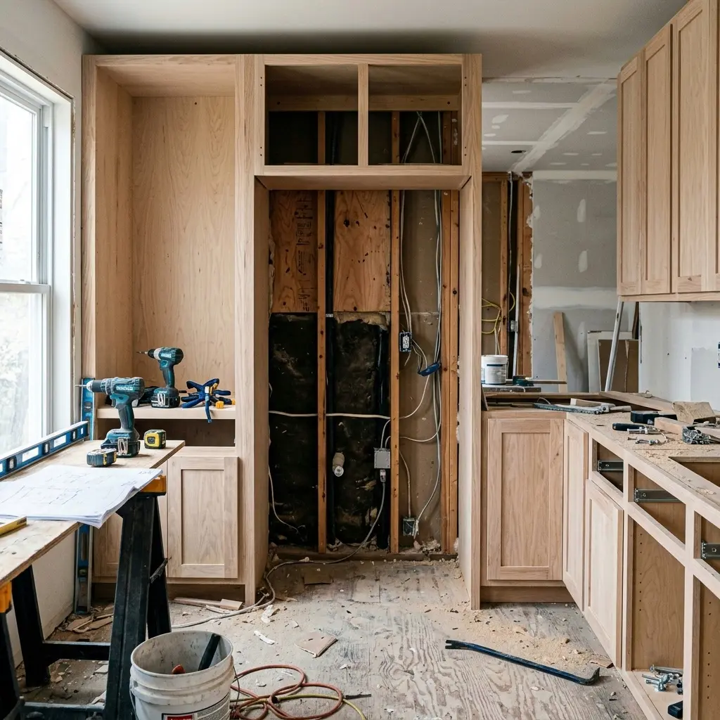 Custom cabinet opening prepared for a built-in refrigerator during renovation