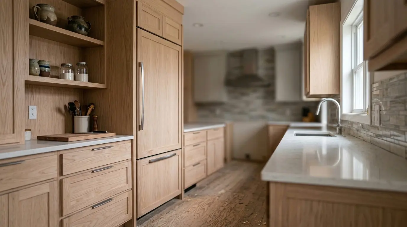 Built-in refrigerator flush-mounted into custom kitchen cabinetry