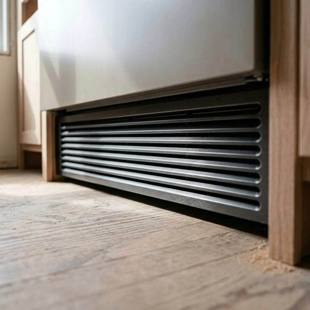 Front ventilation grille at the base of a built-in refrigerator