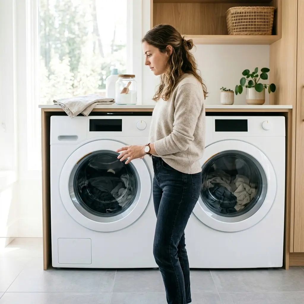 Person comparing two LG front load washing machines in a laundry room before buying