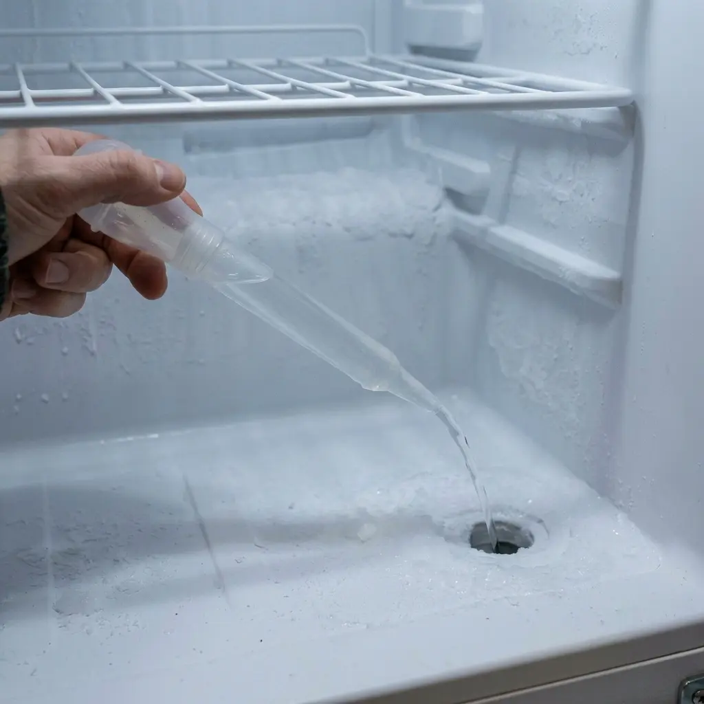 Clearing a frozen freezer drain line with warm water