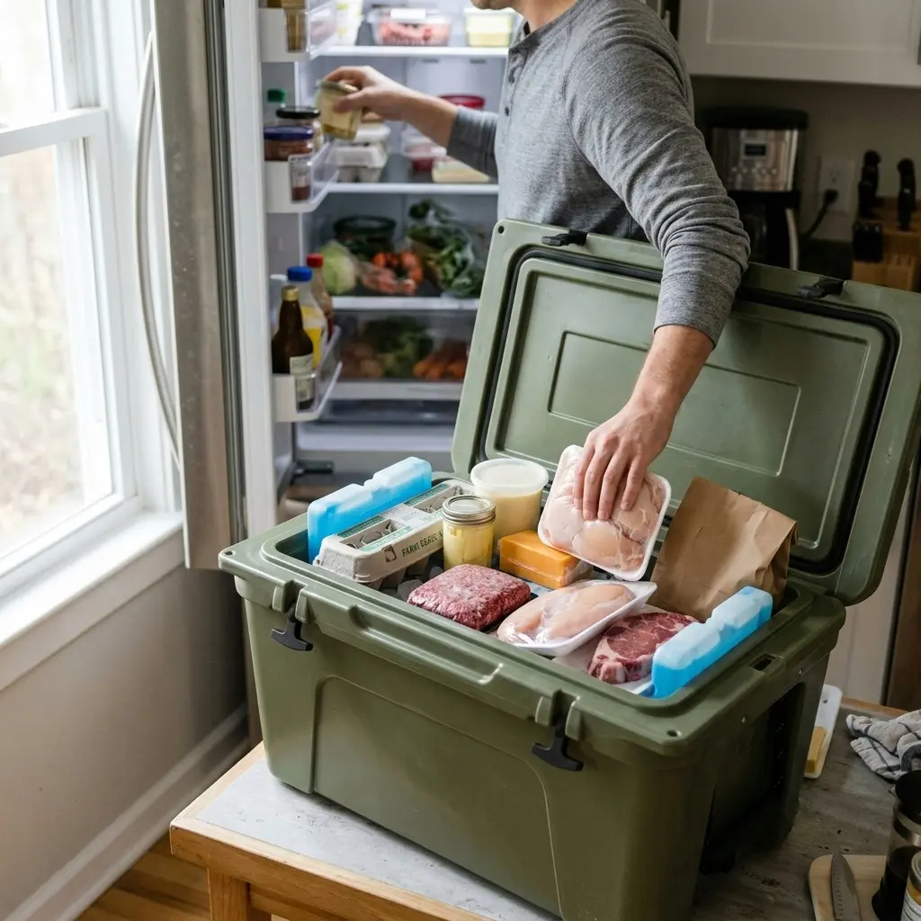 Cooler packed with ice packs and perishable food on a kitchen counter
