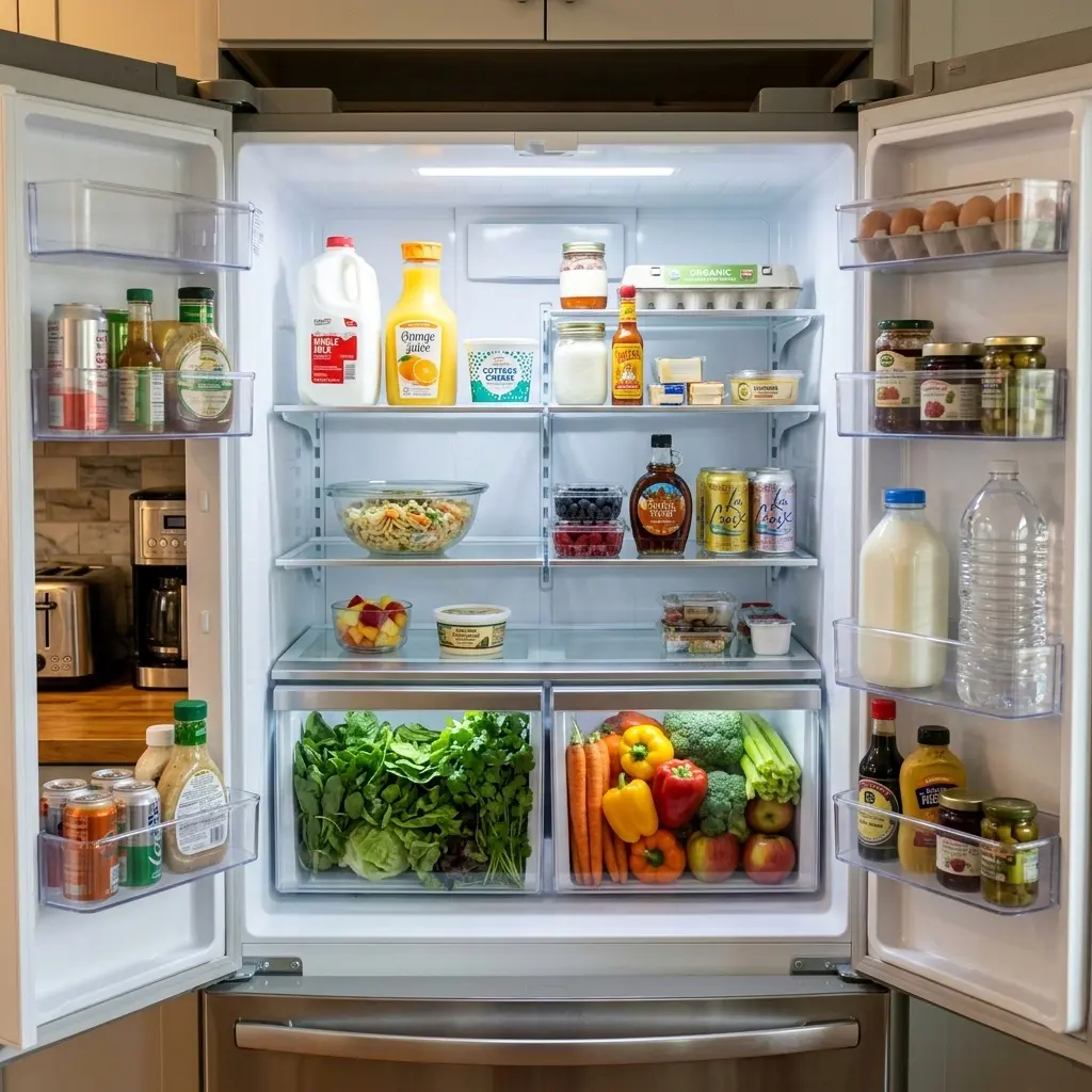 Open interior shelving and storage layout of a counter-depth refrigerator