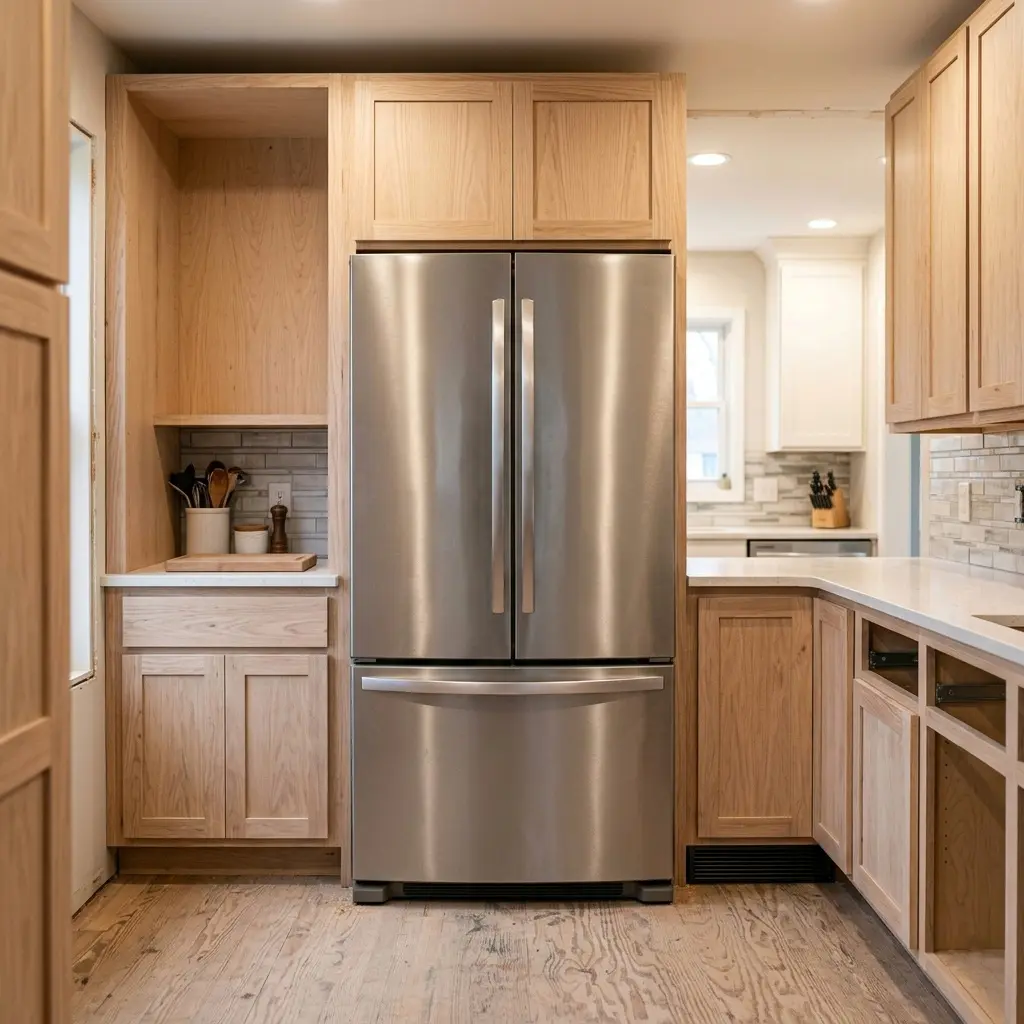 Counter-depth refrigerator standing close to kitchen counter edge