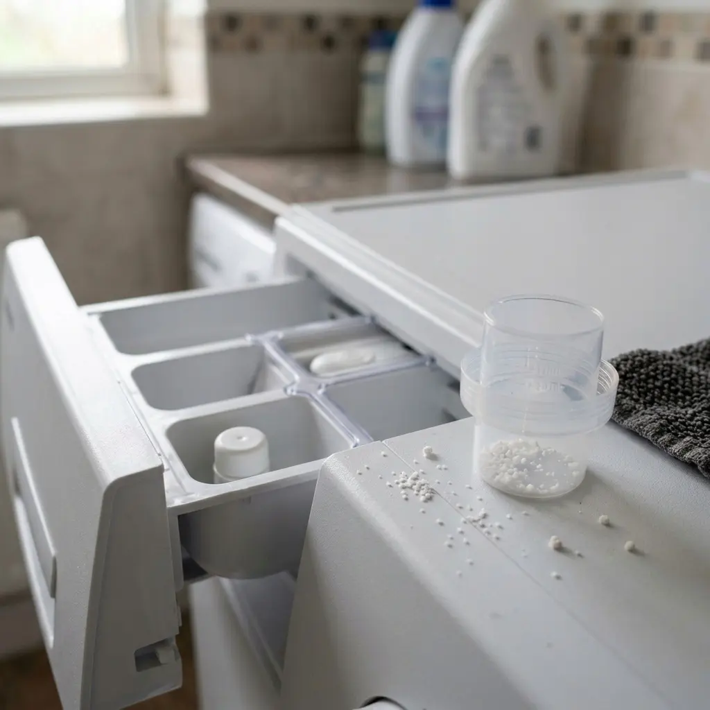 Detergent drawer and measuring cap for Bosch washer dosing. bosch washer leave white residue on dark clothes real causes guide