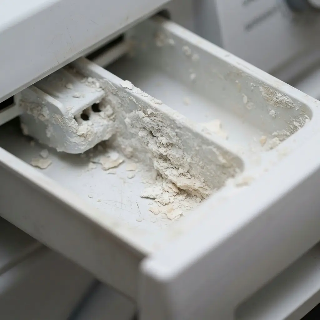 Mineral scale buildup in detergent drawer from hard water