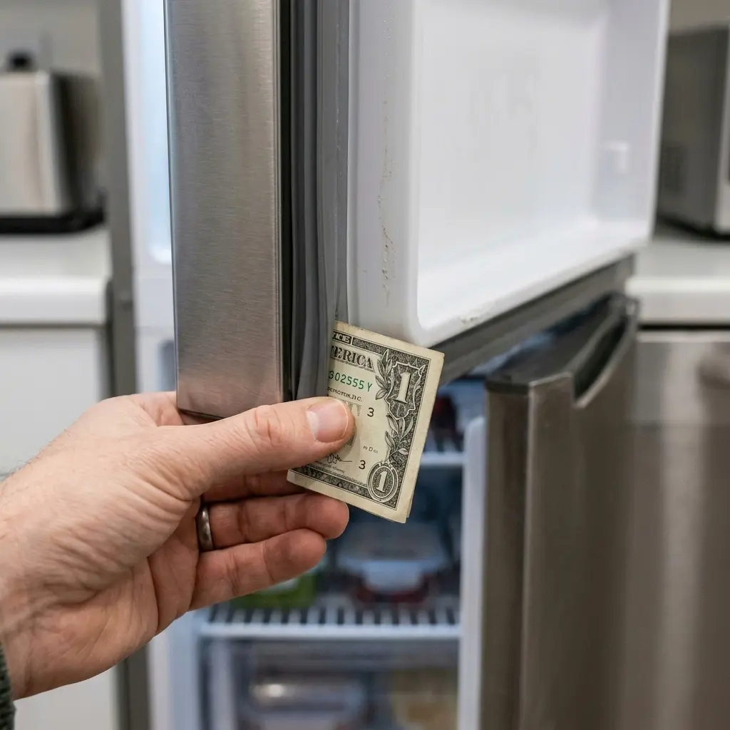 Dollar bill test checking freezer door seal for frost causes. lg refrigerator frost buildup on freezer wall fix and cause guide
