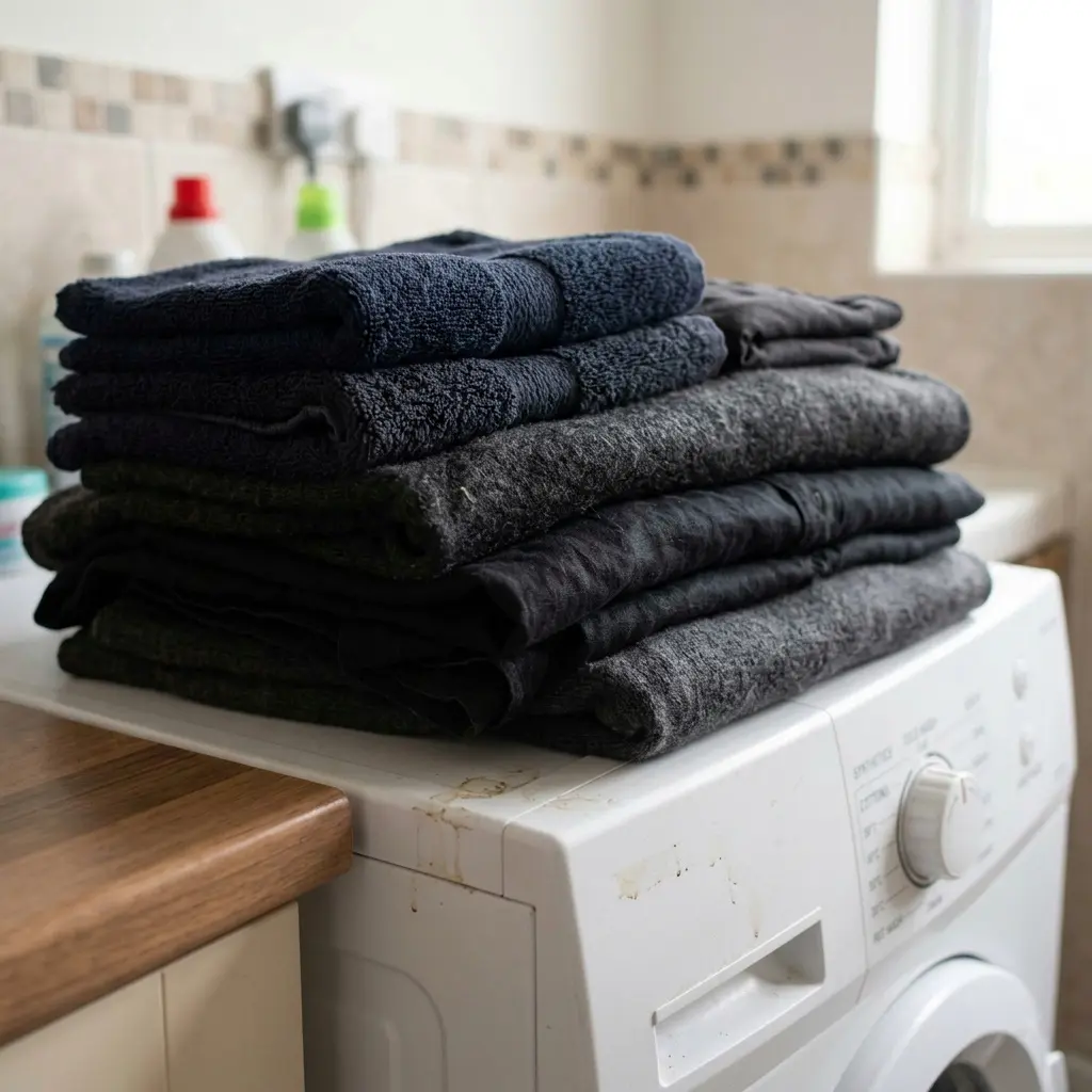 Folded dark laundry showing white residue near a Bosch washer