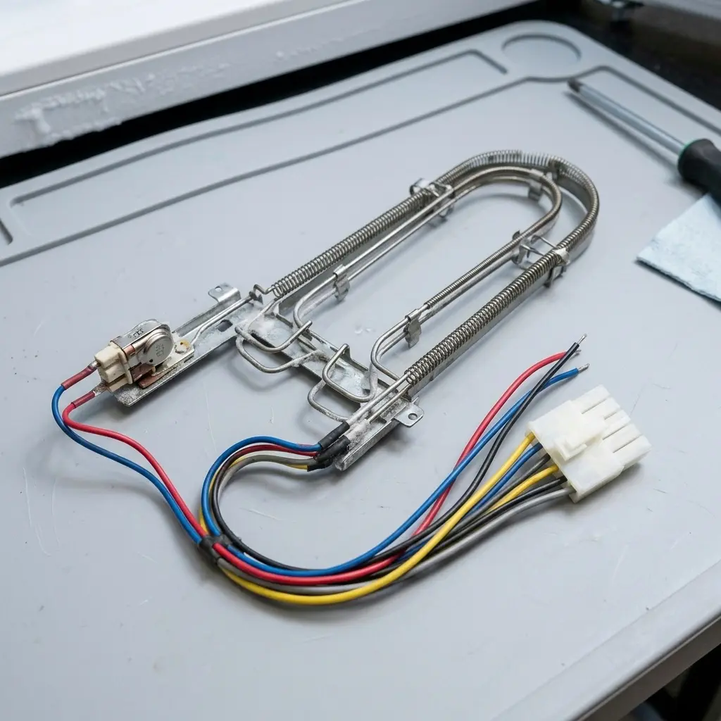 Freezer defrost heater and thermostat removed for inspection