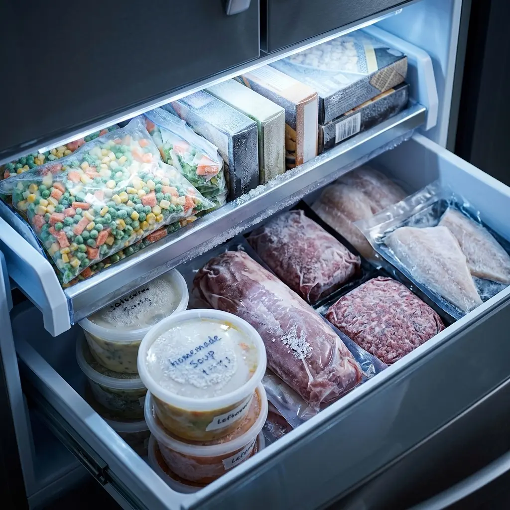 Freezer drawer packed with frozen food items
