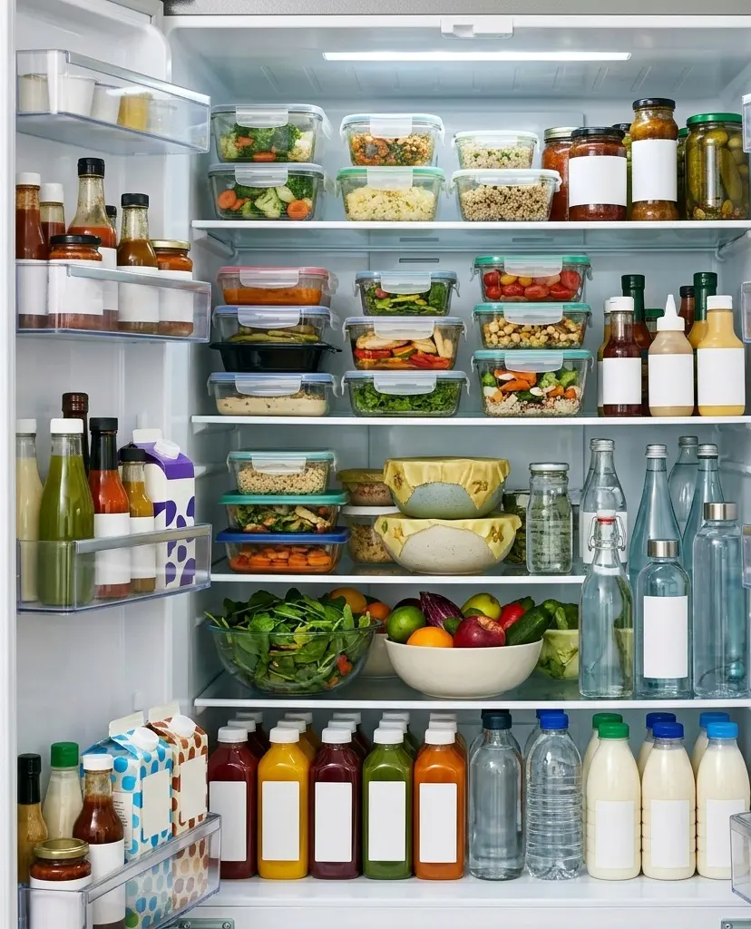 Refrigerator shelves densely packed with food and water containers. lg refrigerator keep food safe guide