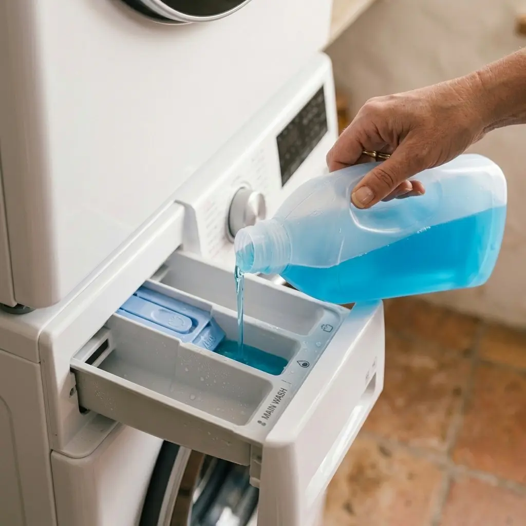 Pouring HE detergent into washer dispenser drawer