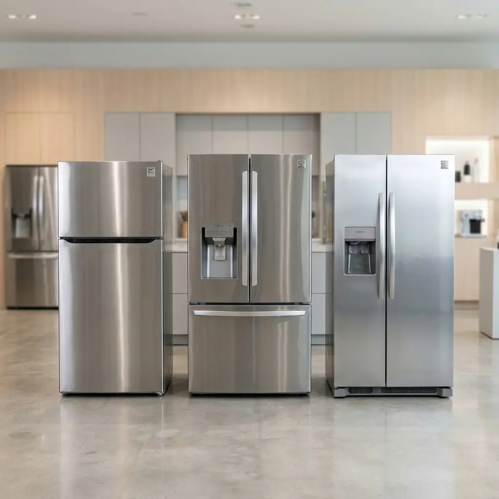 Top-freezer, French door, and side-by-side refrigerators side by side in a showroom