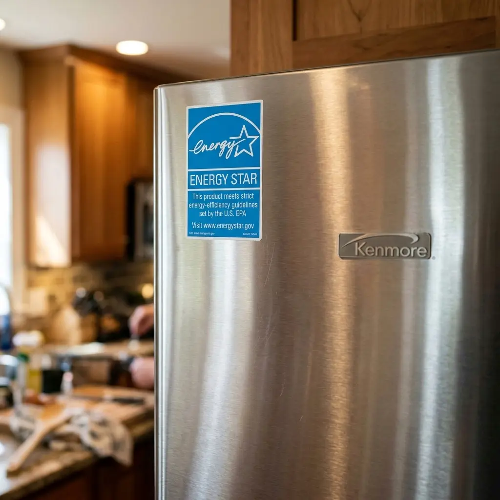 Close-up of yellow EnergyGuide label on a Kenmore refrigerator door