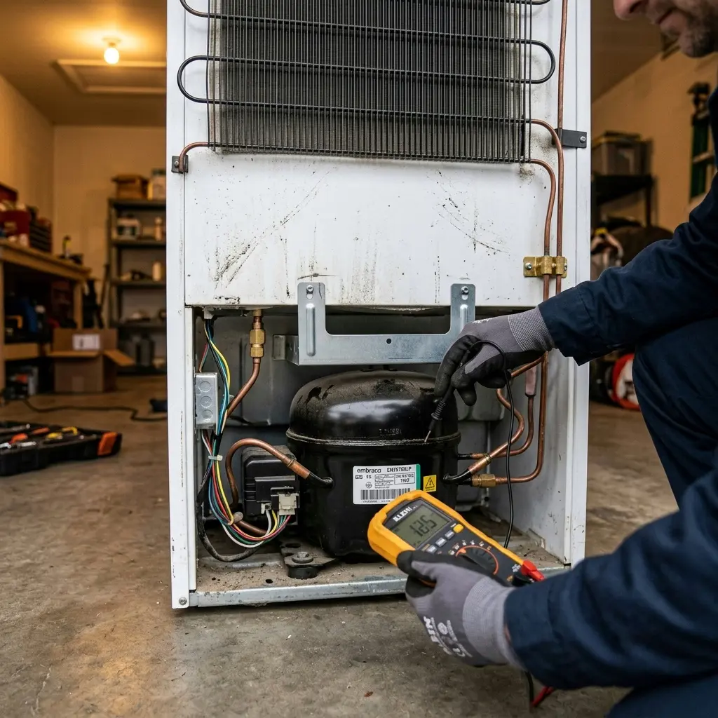 Technician inspecting inverter compressor inside a refrigerator during service