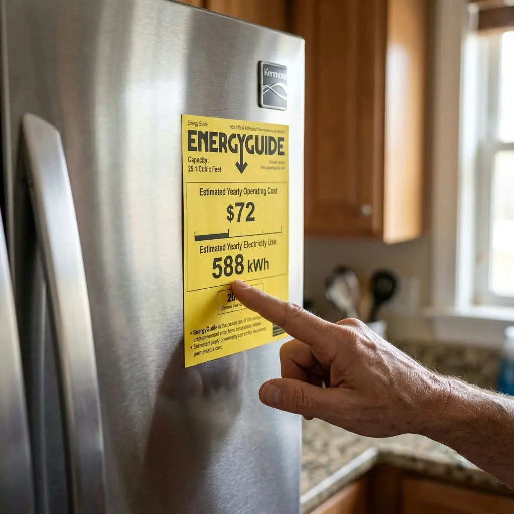 Hand pointing to kWh and cost figures on refrigerator EnergyGuide label. Kenmore Refrigerator Energy Efficiency guide